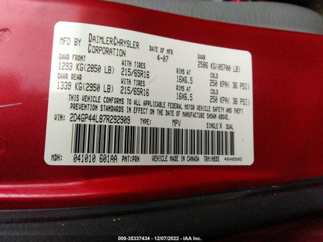 Dodge Grand Caravan Sxt 2007 2D4GP44L87R292909 Image 10