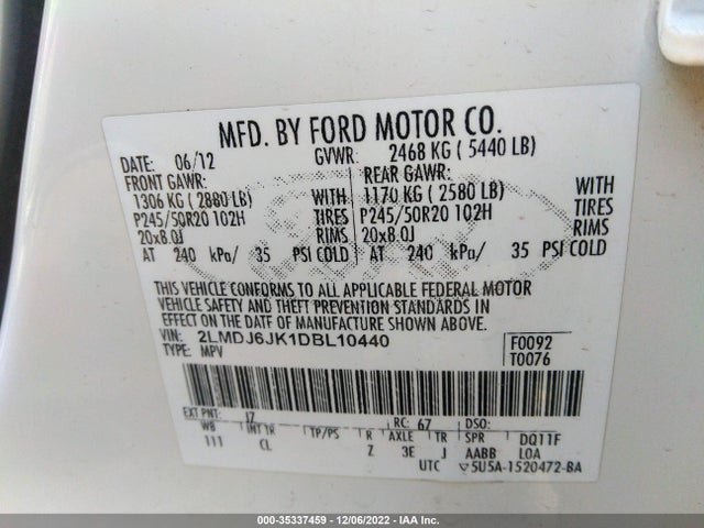 2013 LINCOLN MKX VIN: 2LMDJ6JK1DBL10440