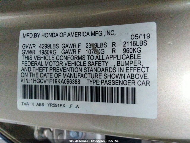 2019 HONDA ACCORD SEDAN LX 1.5T VIN: 1HGCV1F19KA096388