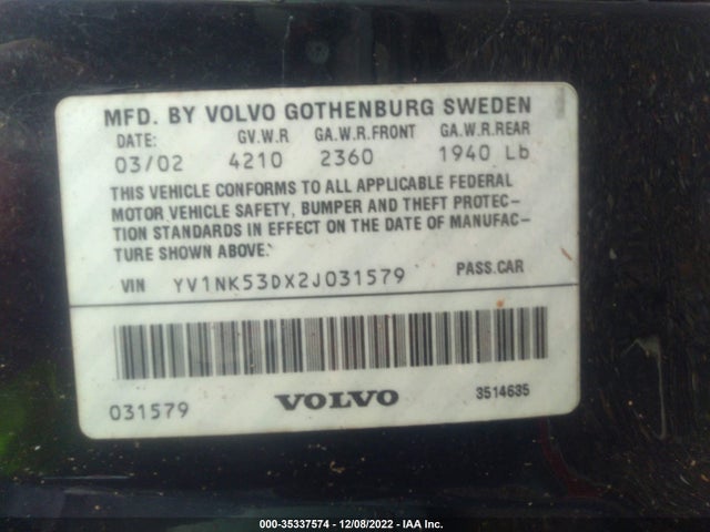 2002 VOLVO C70 VIN: YV1NK53DX2J031579