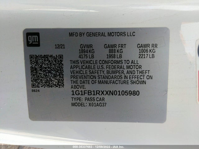 Chevrolet Camaro 1lt 2022 1G1FB1RXXN0105980 Image 9
