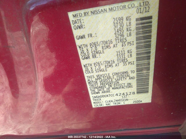 2012 NISSAN FRONTIER SV VIN: 1N6AD0ER7CC424128