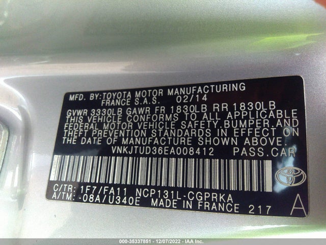 2014 Toyota Yaris, VIN: VNKJTUD36EA008412