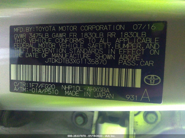 2016 Toyota Prius, VIN: JTDKDTB3XG1135870