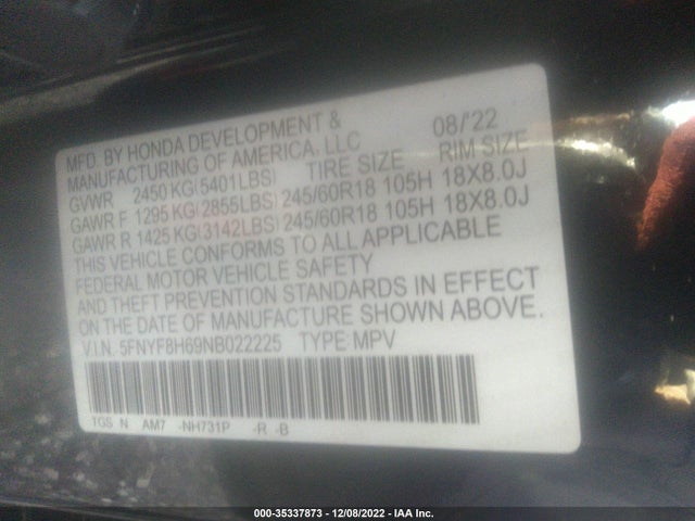 2022 Honda Passport, VIN: 5FNYF8H69NB022225