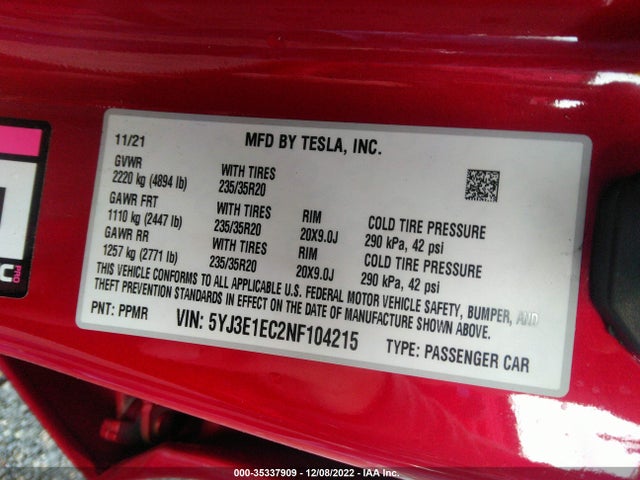 Tesla MODEL 3 2022 5YJ3E1EC2NF104215 Image 9