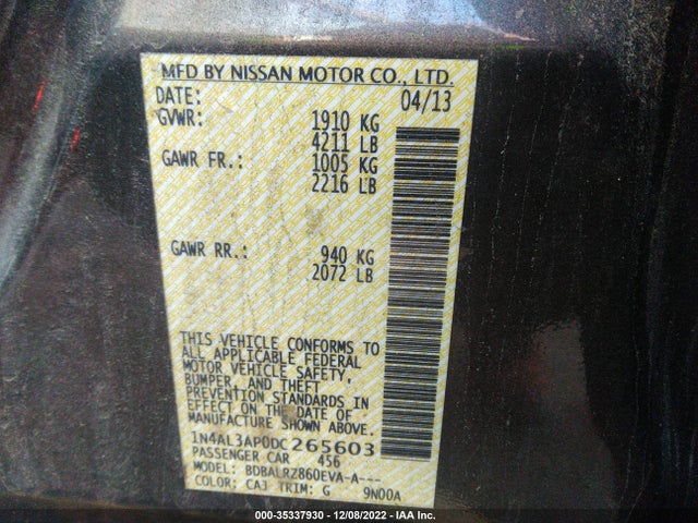 2013 NISSAN ALTIMA 2.5 S VIN: 1N4AL3AP0DC265603