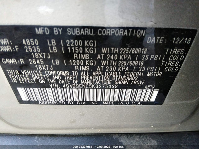 2019 Subaru Outback, VIN: 4S4BSENC5K3275038