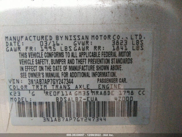 2016 NISSAN SENTRA SR/SL/S/SV/FE+ S VIN: 3N1AB7AP7GY247344