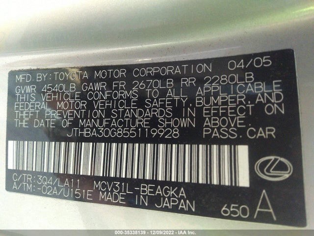 Lexus ES 330 2005 JTHBA30G855119928 Image 11