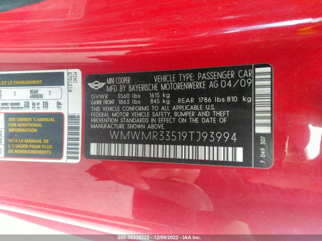 Mini COOPER CONVERTIBLE 2009 WMWMR33519TJ93994 Image 10