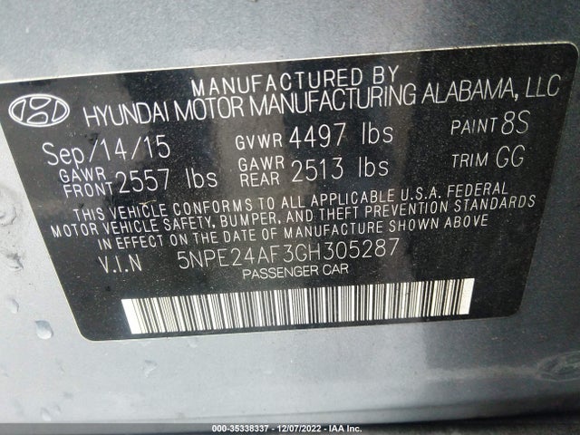 2016 HYUNDAI SONATA 2.4L SE VIN: 5NPE24AF3GH305287