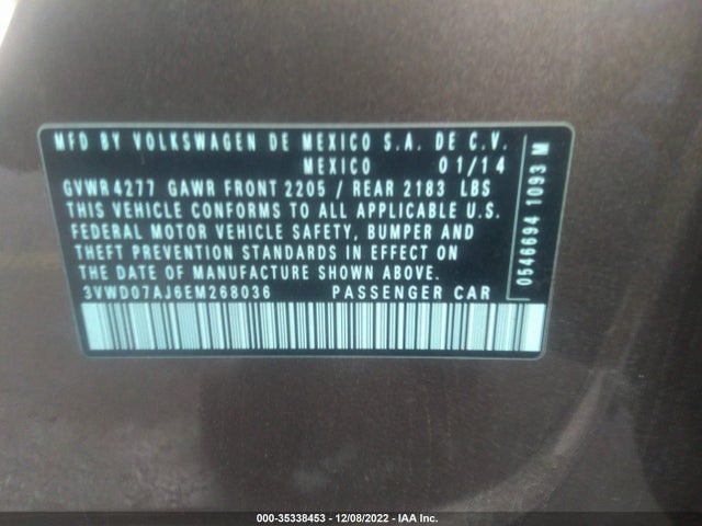 2014 VOLKSWAGEN JETTA SEDAN SE VIN: 3VWD07AJ6EM268036