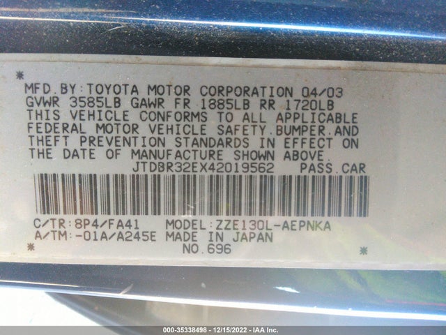 2004 TOYOTA COROLLA CE/LE VIN: JTDBR32EX42019562