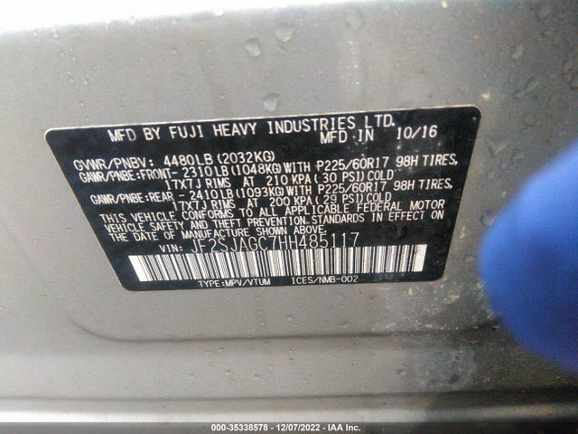 2017 SUBARU FORESTER PREMIUM VIN: JF2SJAGC7HH485117