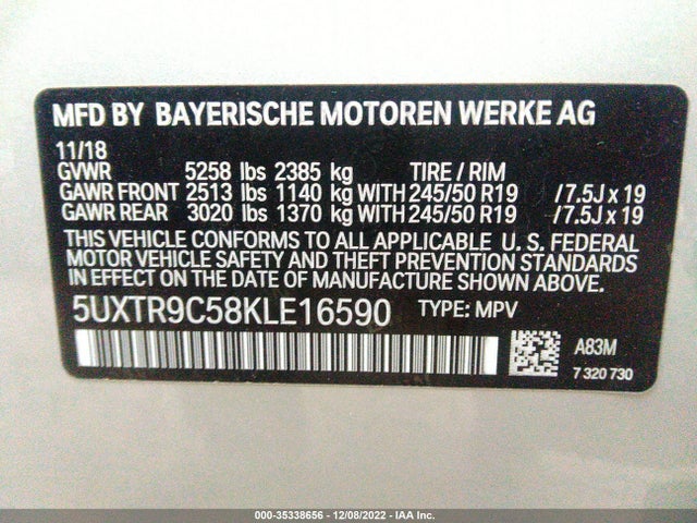 BMW X3 Xdrive30i 2019 аукцион фото