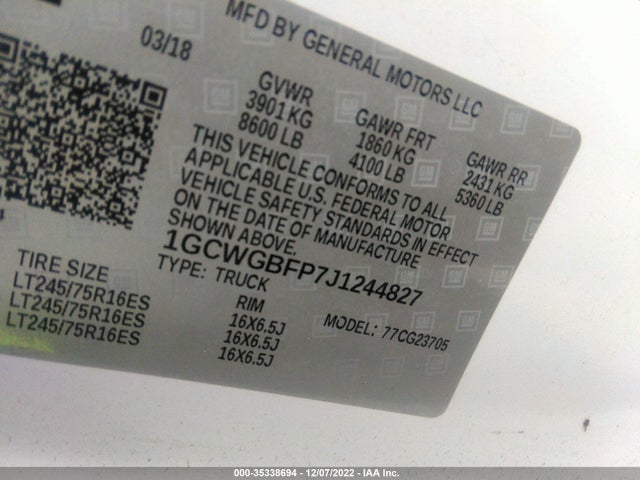 2018 Chevrolet Express, VIN: 1GCWGBFP7J1244827