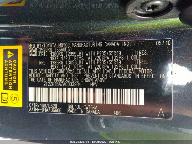 2010 LEXUS RX 350 VIN: 2T2ZK1BA7AC033934