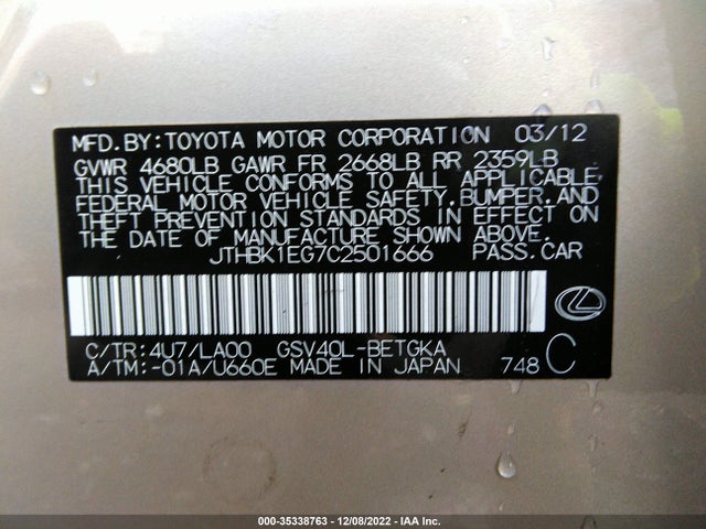 Lexus ES 350 2012 JTHBK1EG7C2501666 Image 10
