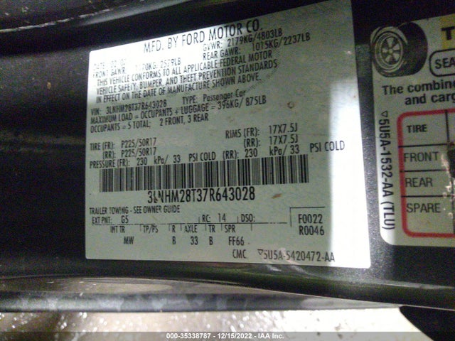 Lincoln MKZ 2007 3LNHM28T37R643028 Image 10