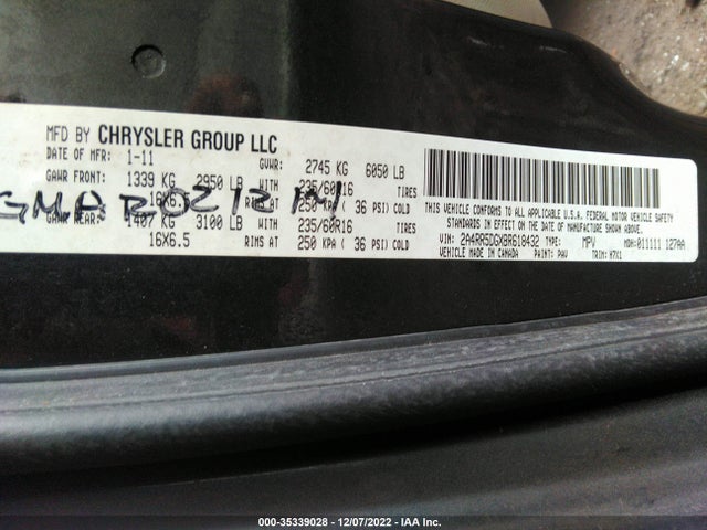 2011 CHRYSLER TOWN & COUNTRY TOURING VIN: 2A4RR5DGXBR618432
