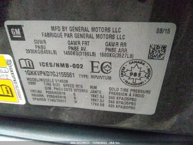 1GKKVPKD7GJ155561 GMC ACADIA SLE