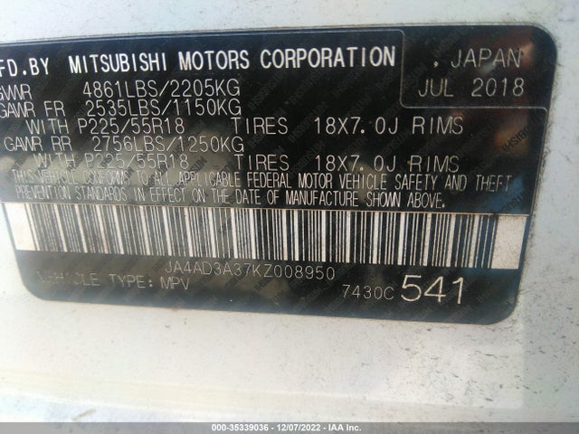 JA4AD3A37KZ008950 Mitsubishi Outlander Se/sel/le