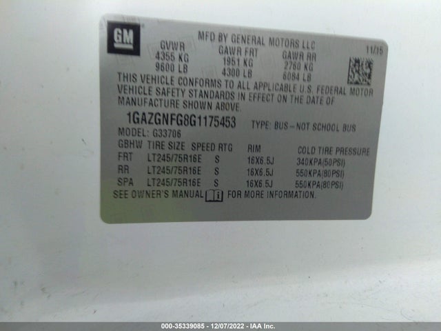 2016 Chevrolet Express, VIN: 1GAZGNFG8G1175453