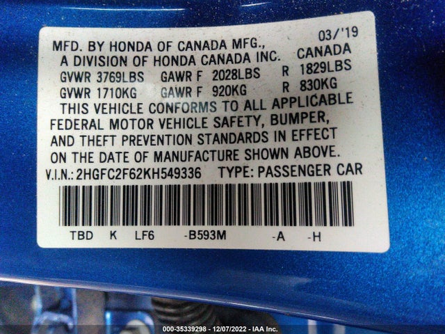 Honda Civic Sedan Lx 2019 2HGFC2F62KH549336 Image 9