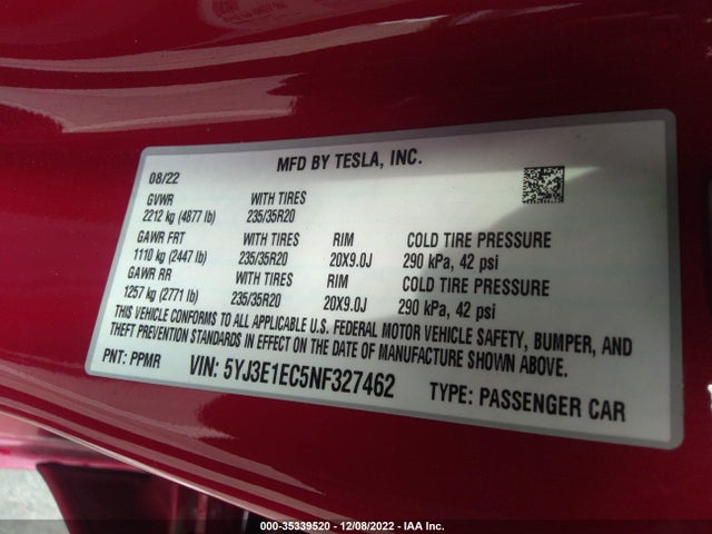 Tesla Model 3 Performance 2022 5YJ3E1EC5NF327462 Image 9