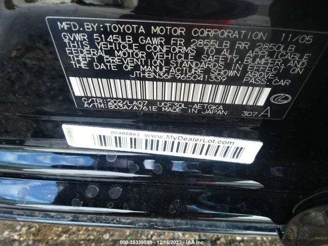 2006 LEXUS LS 430 VIN: JTHBN36F965041339