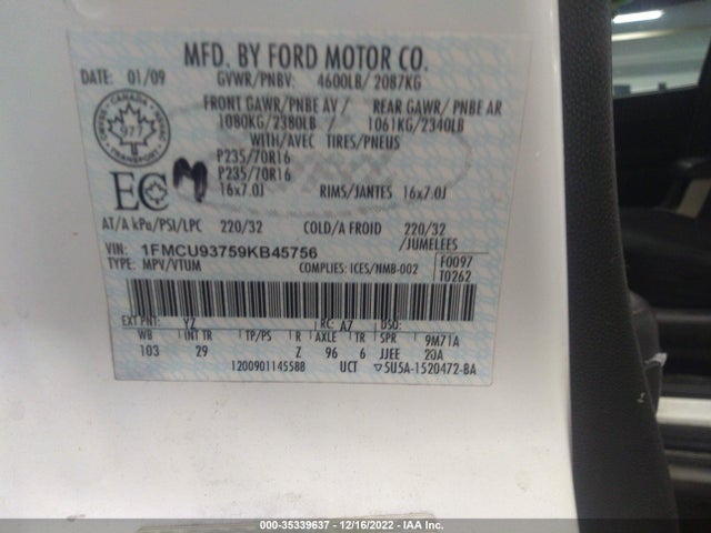 2009 FORD ESCAPE XLT VIN: 1FMCU93759KB45756