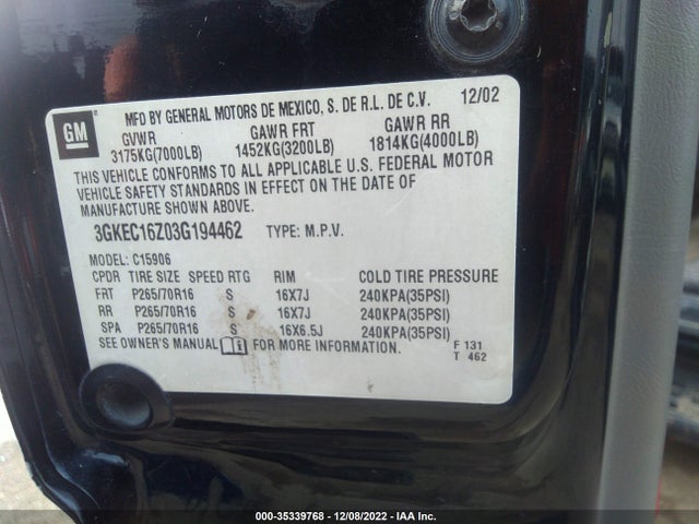 2003 GMC YUKON XL SLT VIN: 3GKEC16Z03G194462