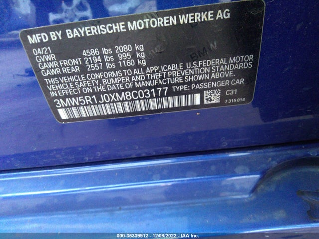 2021 BMW 3 SERIES 330I VIN: 3MW5R1J0XM8C03177