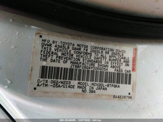 Lexus ES 300 2000 JT8BF28G4Y0266054 Image 10
