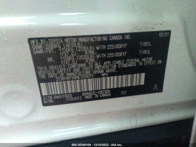 2021 TOYOTA RAV4 LE VIN: 2T3H1RFV6MC170471