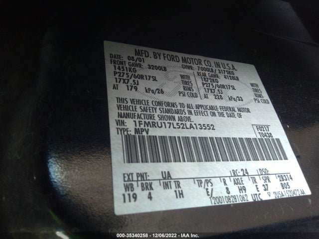 2002 FORD EXPEDITION EDDIE BAUER VIN: 1FMRU17L52LA13552