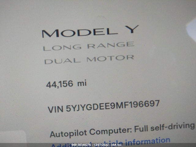 2021 TESLA MODEL Y LONG RANGE VIN: 5YJYGDEE9MF196697