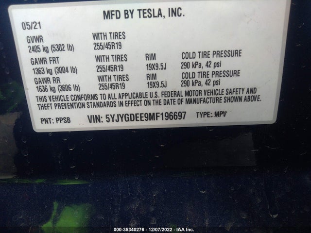 2021 TESLA MODEL Y LONG RANGE VIN: 5YJYGDEE9MF196697