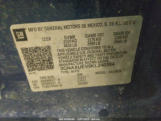 Chevrolet EQUINOX LT 2019 3GNAXUEV0KL240304 Image 9