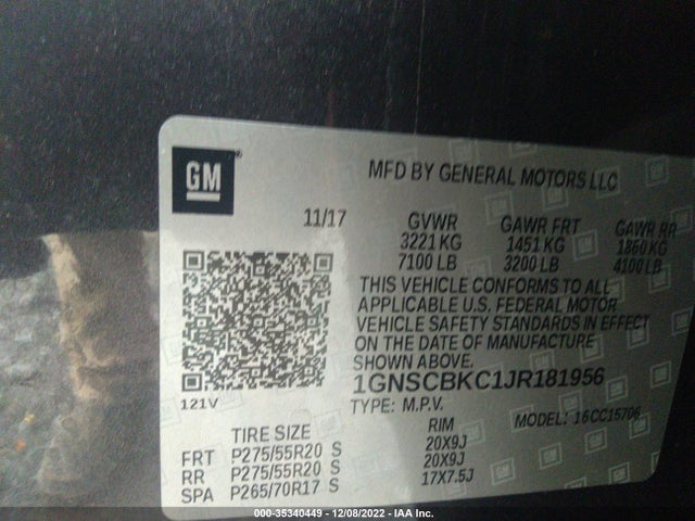 2018 Chevrolet Tahoe, VIN: 1GNSCBKC1JR181956