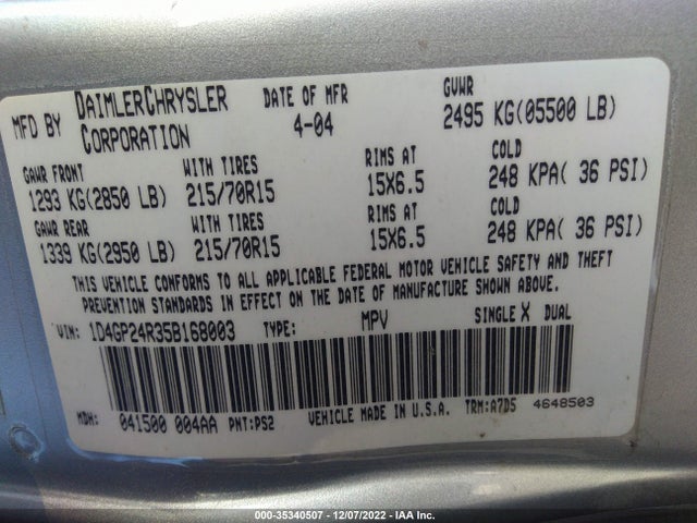 2005 DODGE GRAND CARAVAN SE VIN: 1D4GP24R35B168003