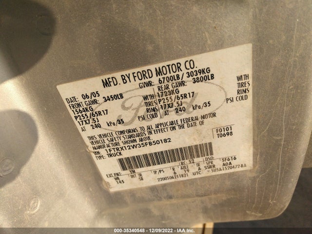 2005 FORD F-150 STX/XLT/XL VIN: 1FTRX12W35FB50182