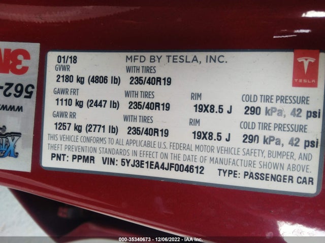 Tesla Model 3 Range Battery 2018 5YJ3E1EA4JF004612 Image 9