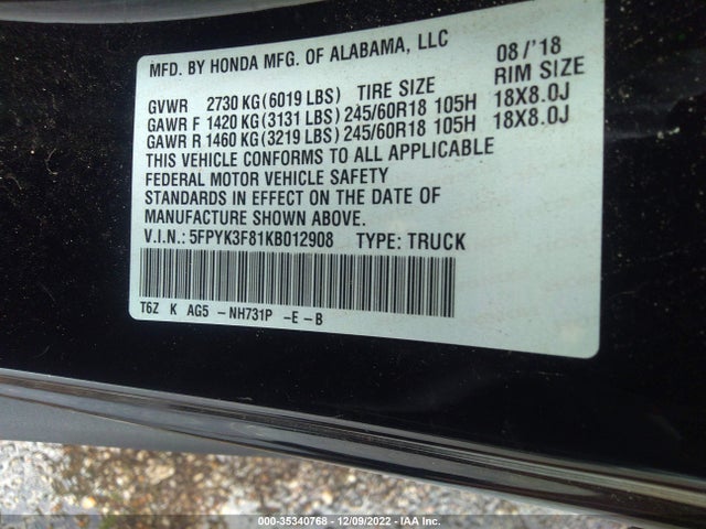 2019 Honda Ridgeline, VIN: 5FPYK3F81KB012908