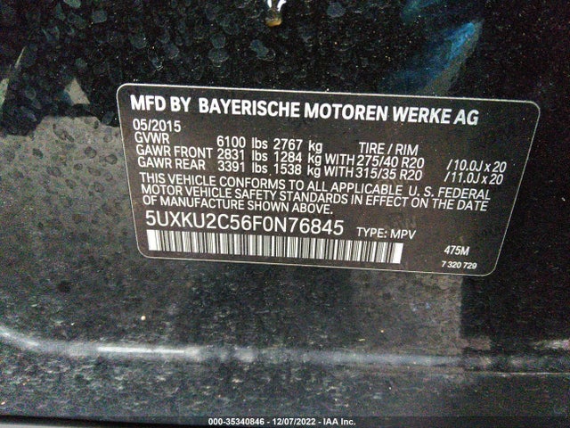 2015 BMW X6, VIN: 5UXKU2C56F0N76845