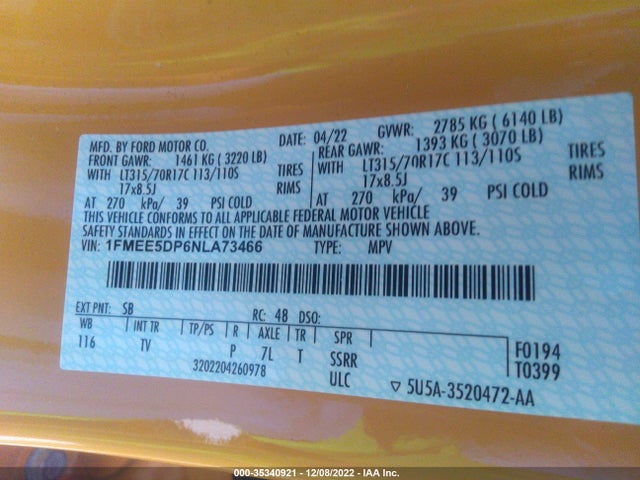 2022 Ford Bronco, VIN: 1FMEE5DP6NLA73466