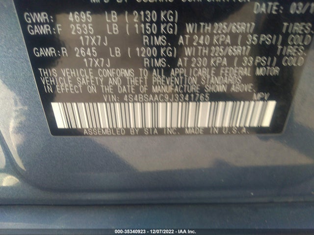 2018 Subaru Outback მანქანა იყიდება აუქციონზე, vin: 4S4BSAAC9J3341765, აუქციონის ნომერი: 35340923