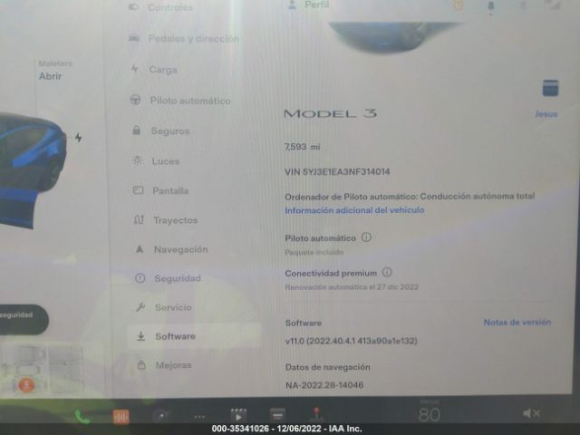 5YJ3E1EA3NF314014 Tesla MODEL 3