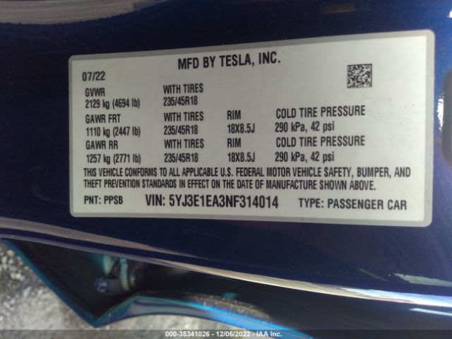 5YJ3E1EA3NF314014 Tesla MODEL 3